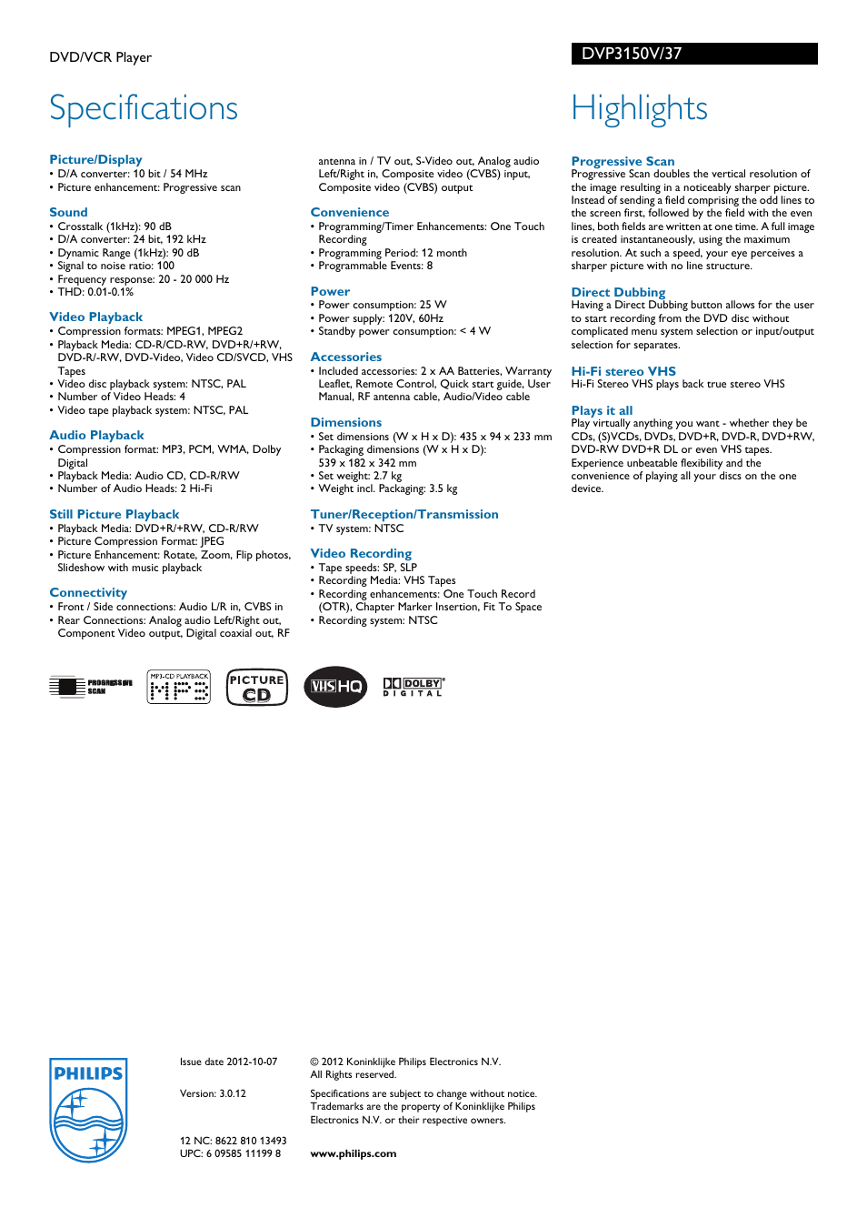 Specifications, Highlights | Philips DVD-VCR Player User Manual | Page 2 / 2