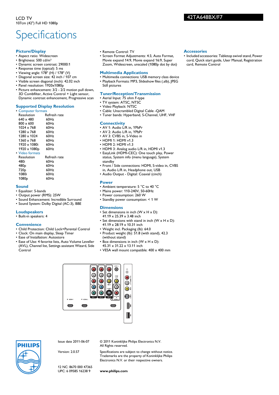 Specifications | Philips 42TA648BX-F7E User Manual | Page 3 / 3