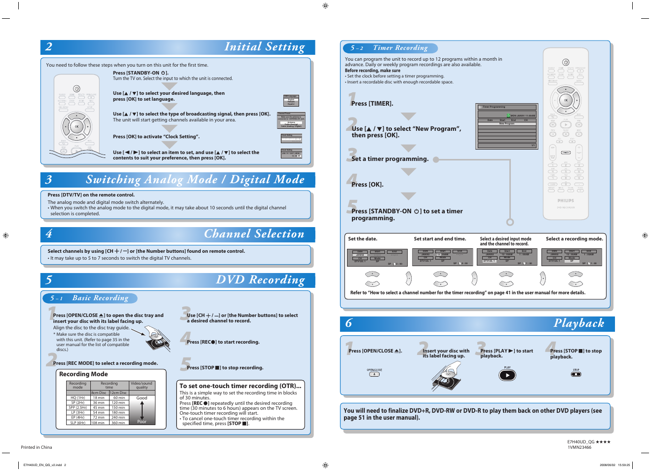 5dvd recording, 2initial setting, 3switching analog mode / digital mode | 4channel selection, 6playback | Philips DVDR3505-37 User Manual | Page 2 / 2