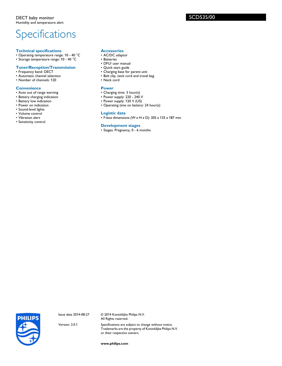 Specifications | Philips SCD535-00 User Manual | Page 3 / 3