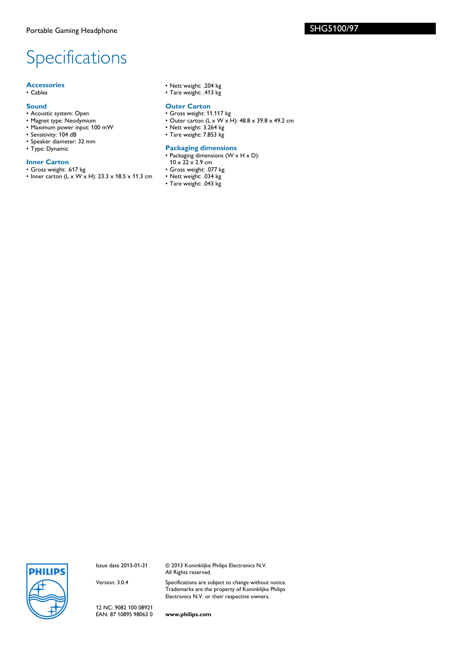 Specifications | Philips SHG5100-97 User Manual | Page 2 / 2