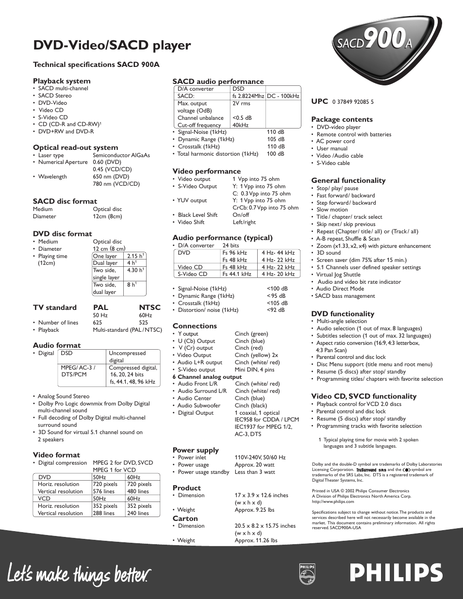Dvd-video/sacd player, Sacd, Sacd a a | Philips Super Audio CD-DVD Player User Manual | Page 2 / 2