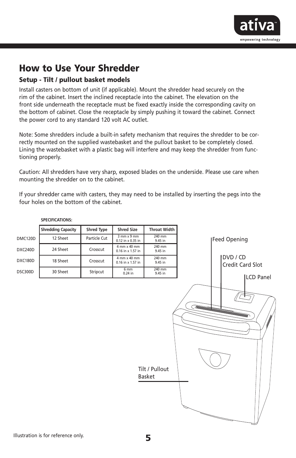 How to use your shredder, Setup - tilt / pullout basket models | Ativa DMC120D User Manual | Page 5 / 9