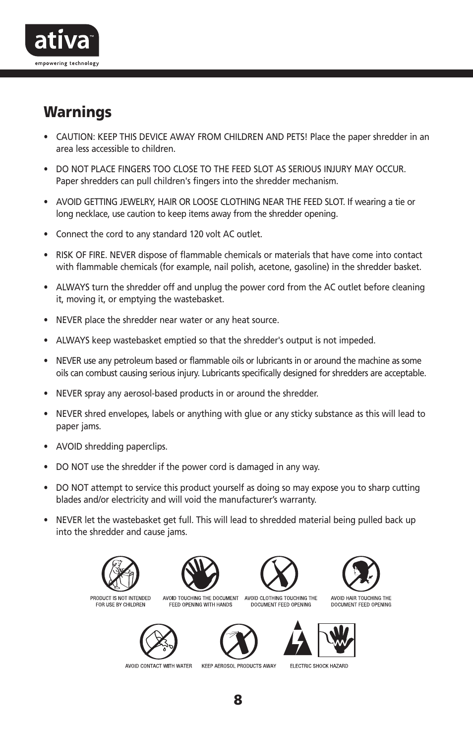 Warnings | Ativa DMC120D User Manual | Page 8 / 9