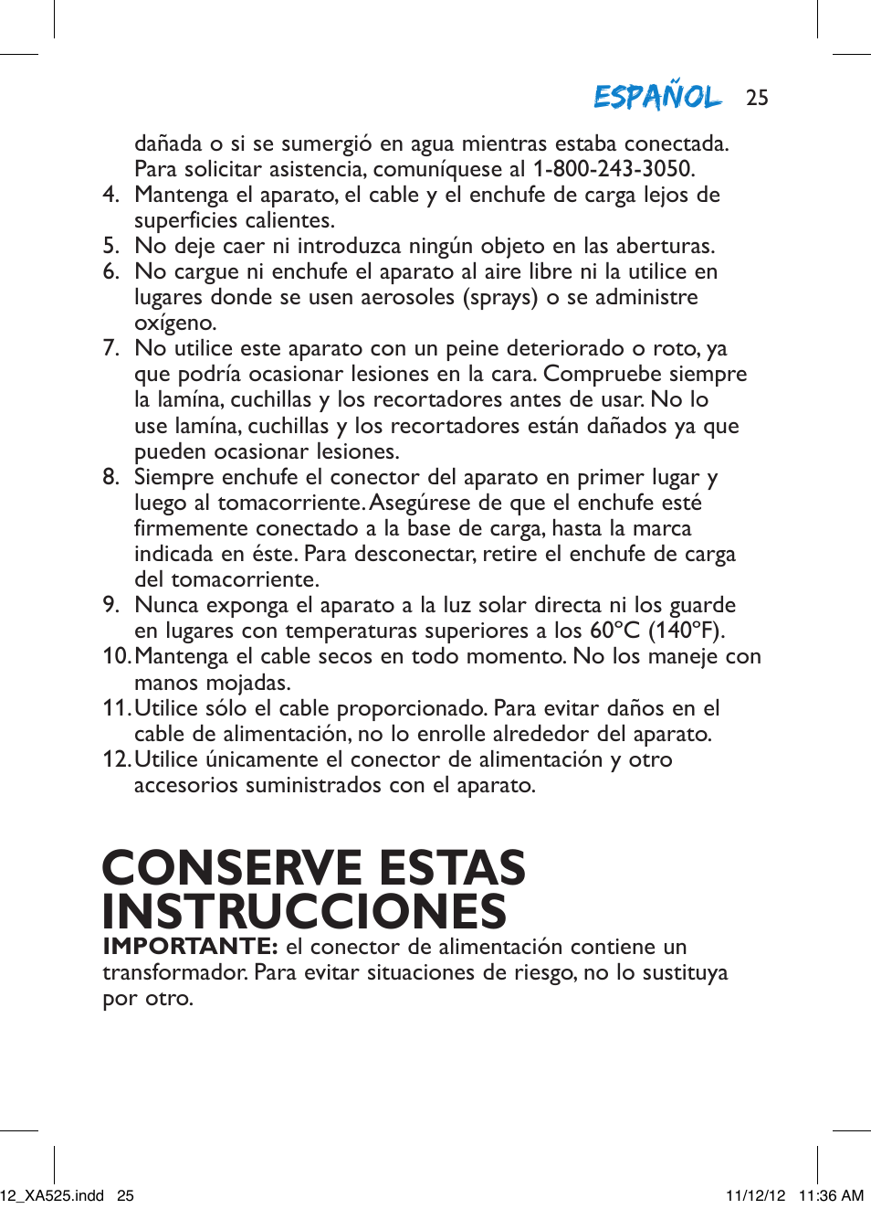 Conserve estas instrucciones, Español | Philips XA525-42 User Manual | Page 25 / 48