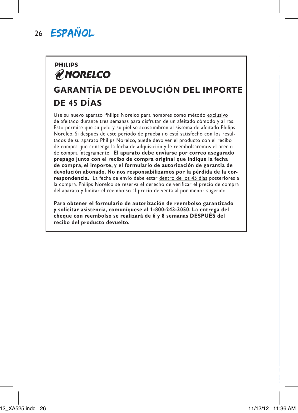 Español, Garantía de devolución del importe de 45 días | Philips XA525-42 User Manual | Page 26 / 48