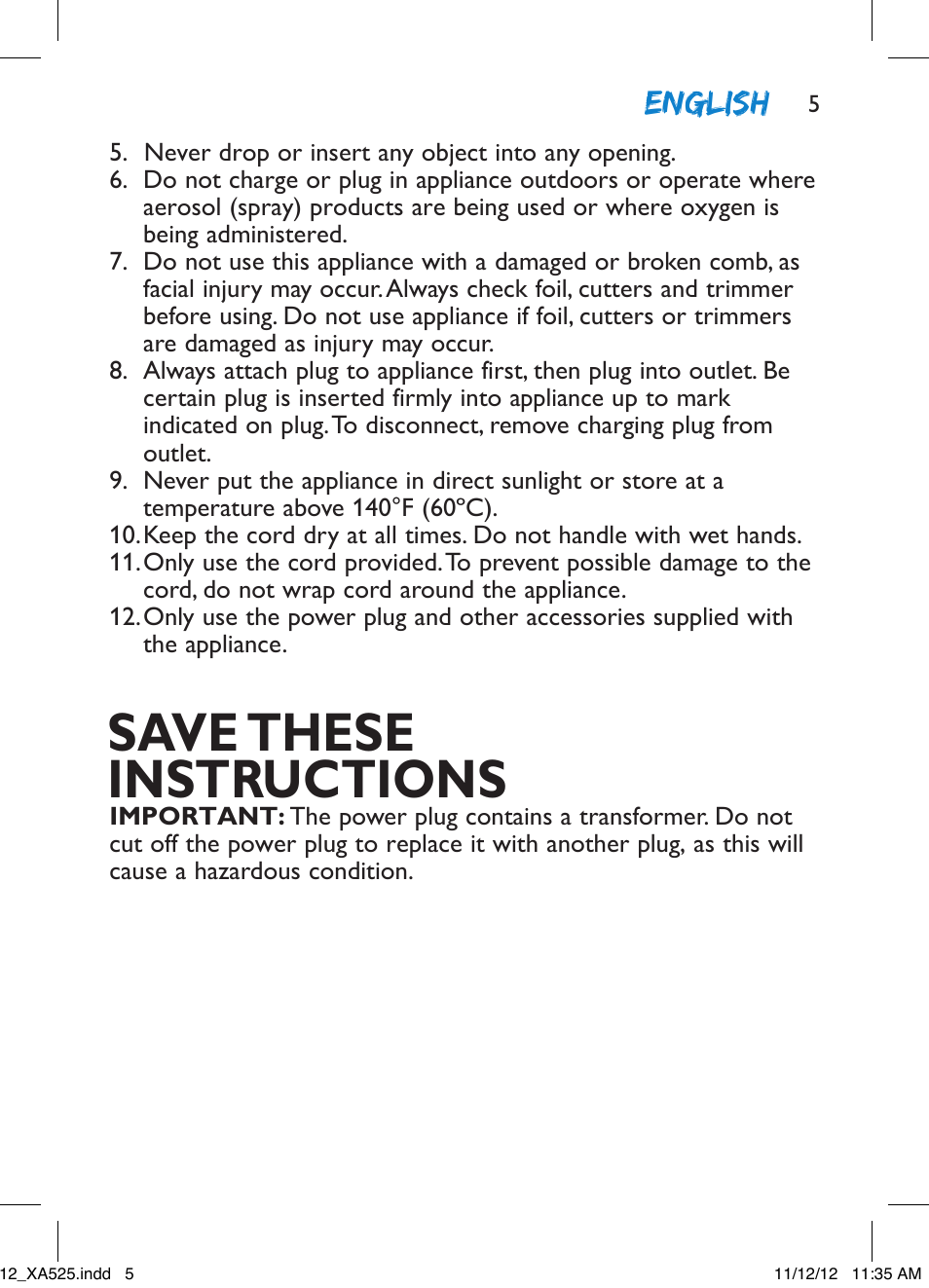 Save these instructions, English | Philips XA525-42 User Manual | Page 5 / 48