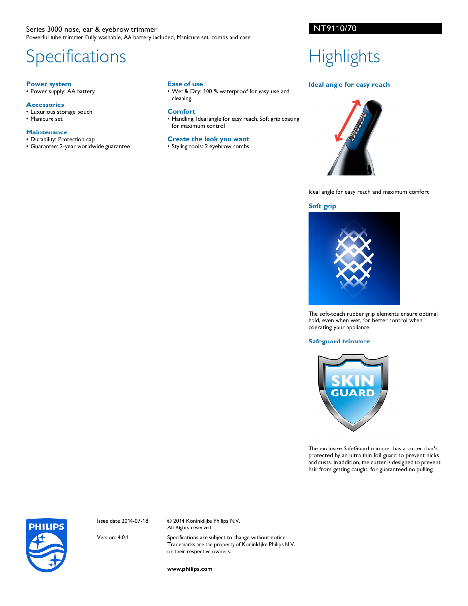 Specifications, Highlights | Philips NT9110-70 User Manual | Page 2 / 2