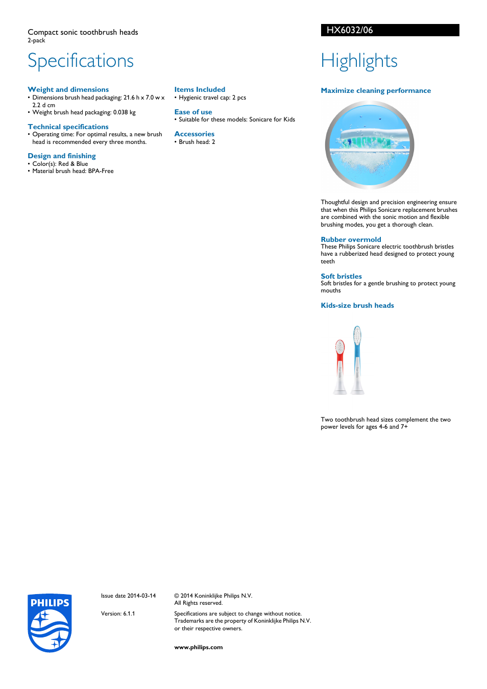 Specifications, Highlights | Philips HX6032-06 User Manual | Page 2 / 2