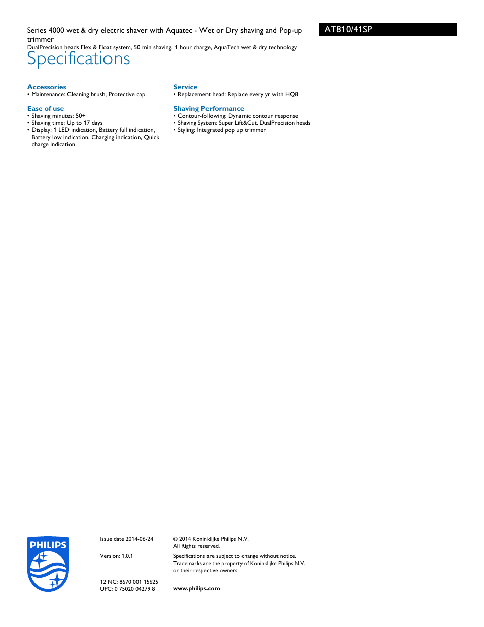 Specifications | Philips AT810-41SP User Manual | Page 3 / 3