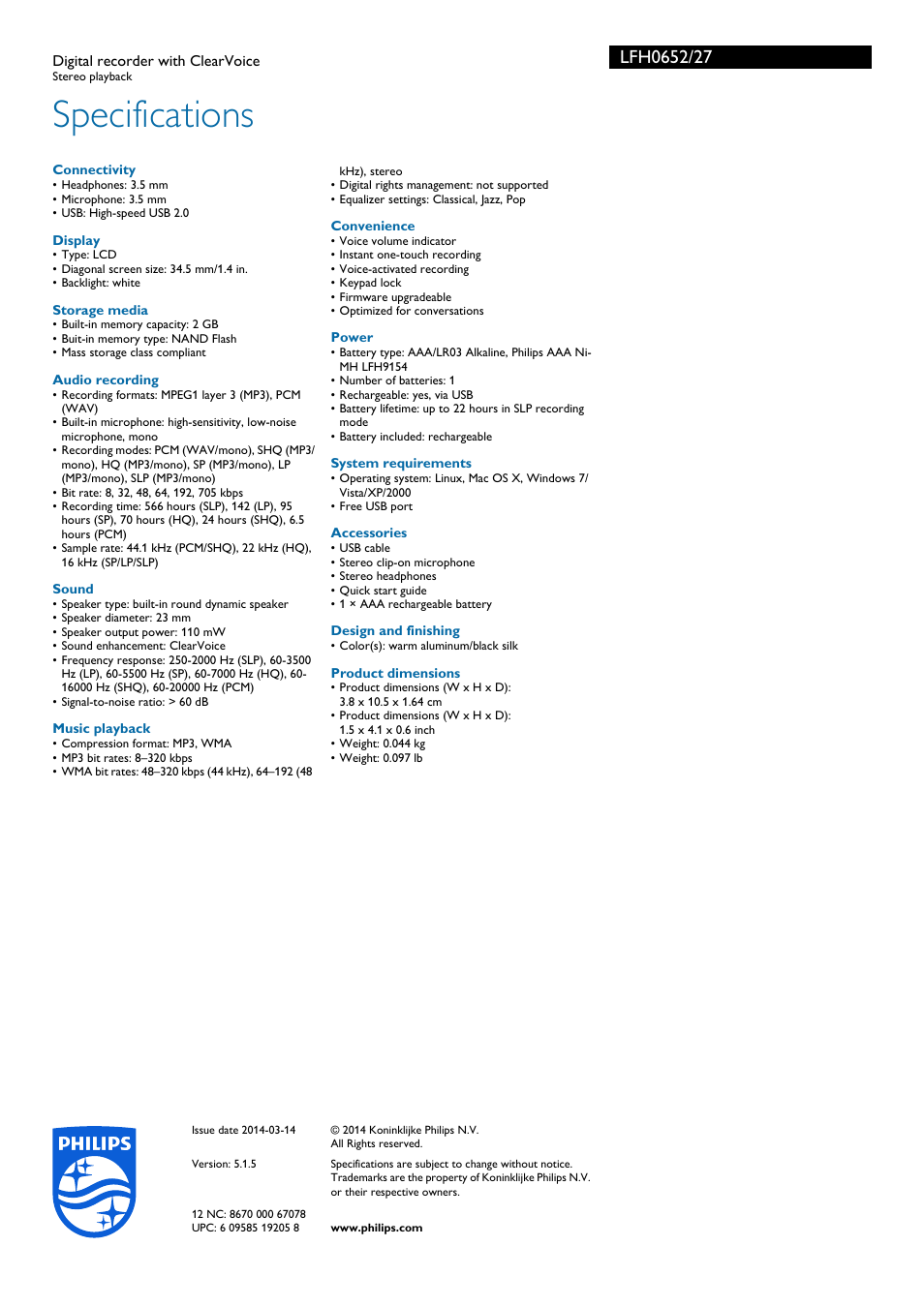 Specifications | Philips LFH0652-27 User Manual | Page 3 / 3