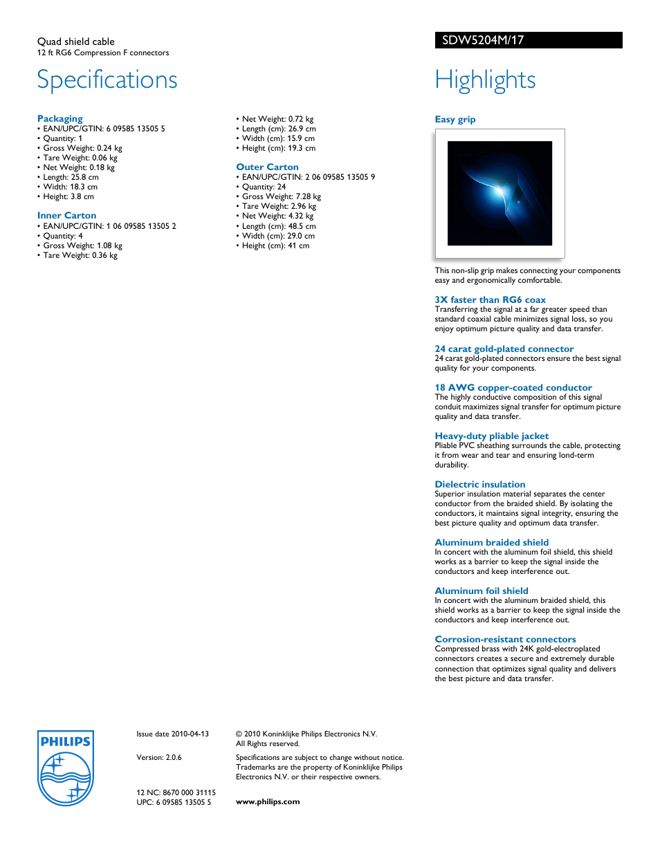 Specifications, Highlights | Philips SDW5204M-17 User Manual | Page 2 / 2