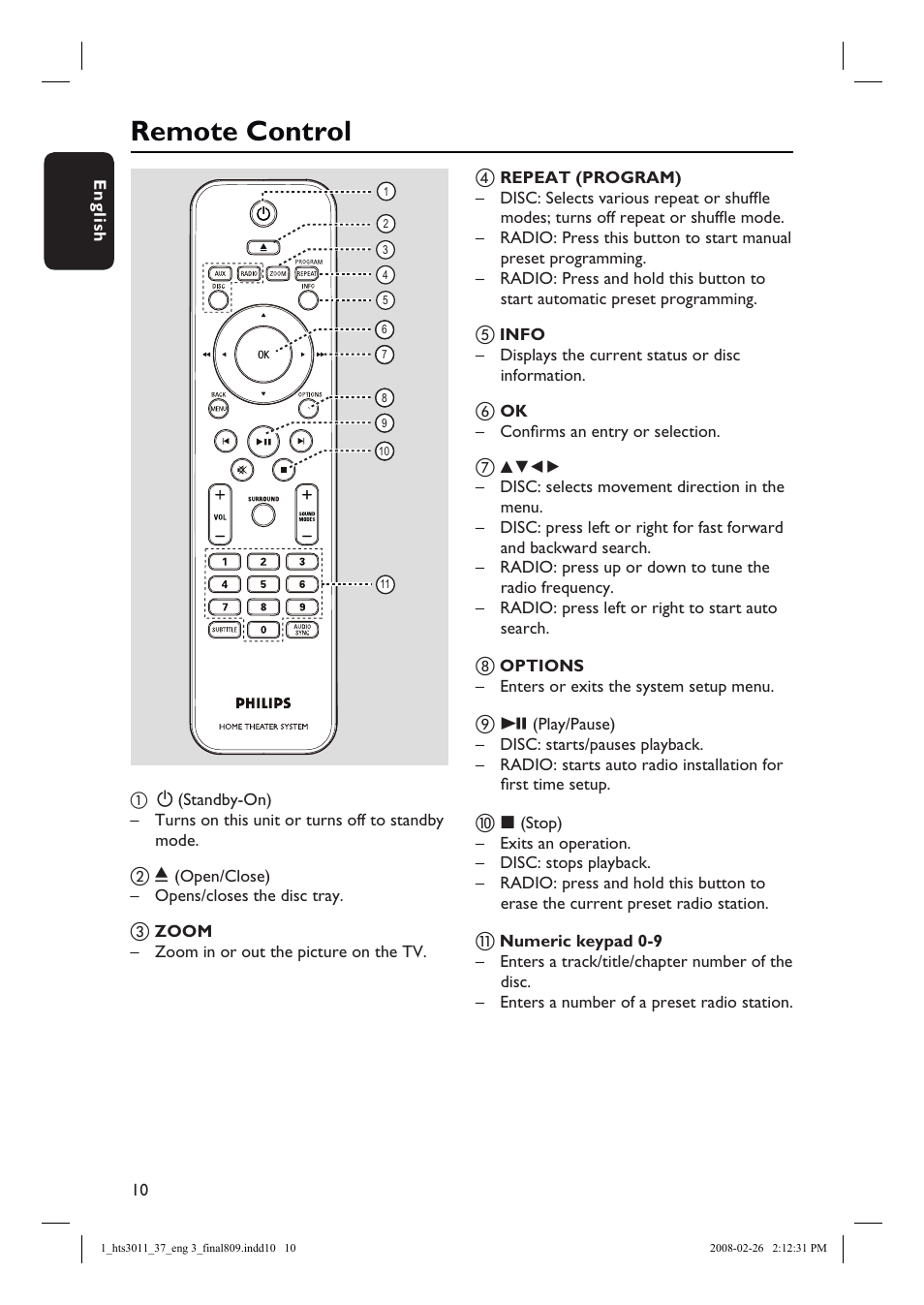 Remote control | Philips HTS3011-37 User Manual | Page 10 / 51