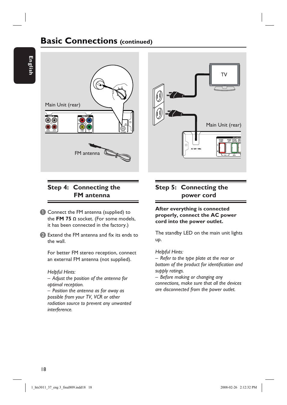 Basic connections, Step 4: connecting the fm antenna, Step 5: connecting the power cord | Philips HTS3011-37 User Manual | Page 18 / 51