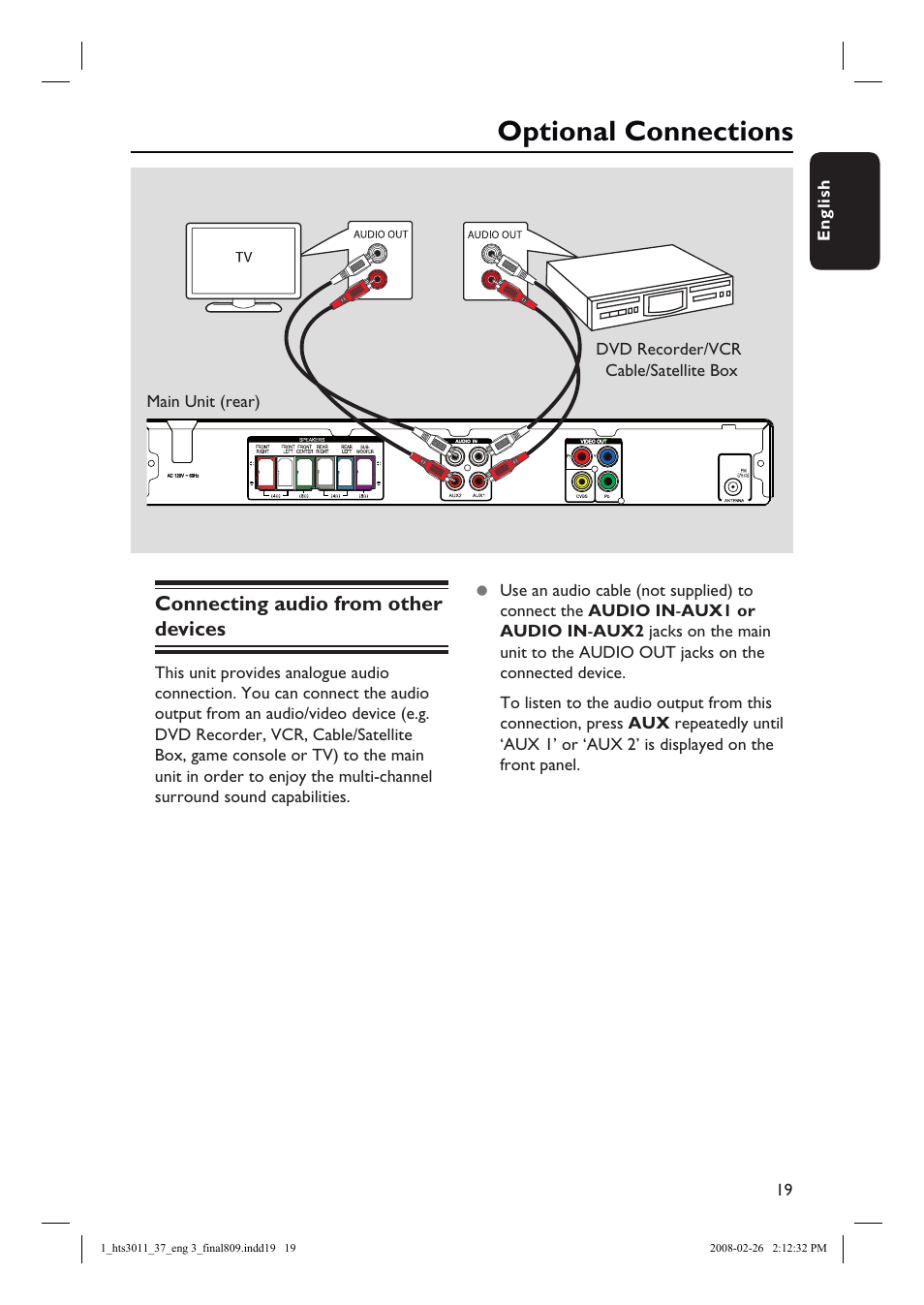 Optional connections, Connecting audio from other devices | Philips HTS3011-37 User Manual | Page 19 / 51