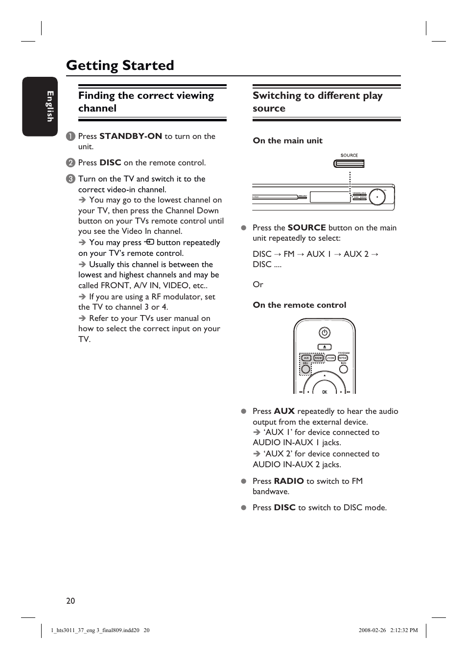 Getting started, Finding the correct viewing channel, Switching to different play source | Philips HTS3011-37 User Manual | Page 20 / 51