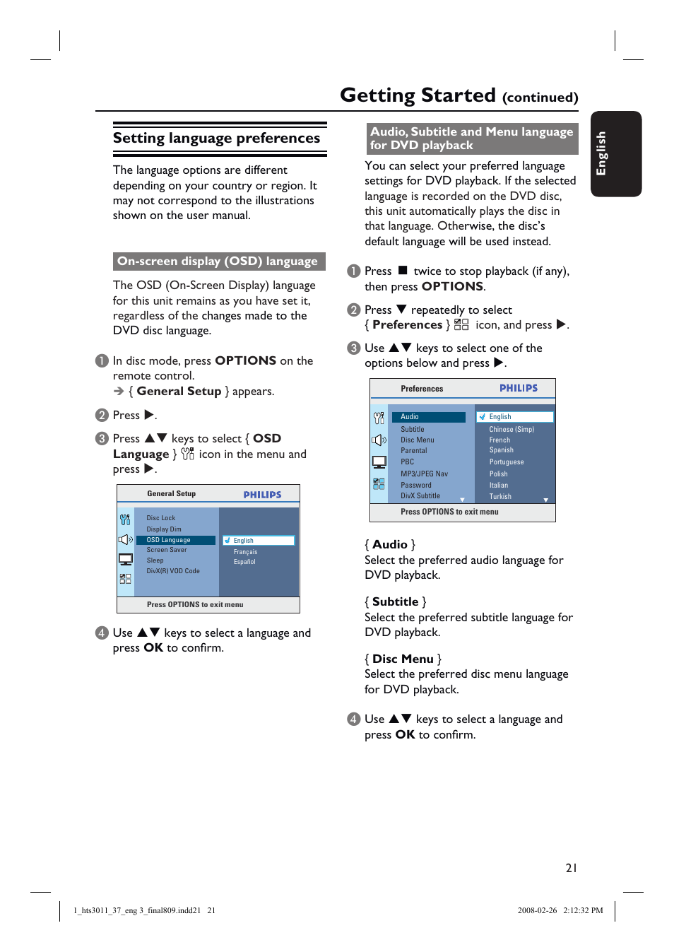 Getting started, Setting language preferences, Continued) | Philips HTS3011-37 User Manual | Page 21 / 51