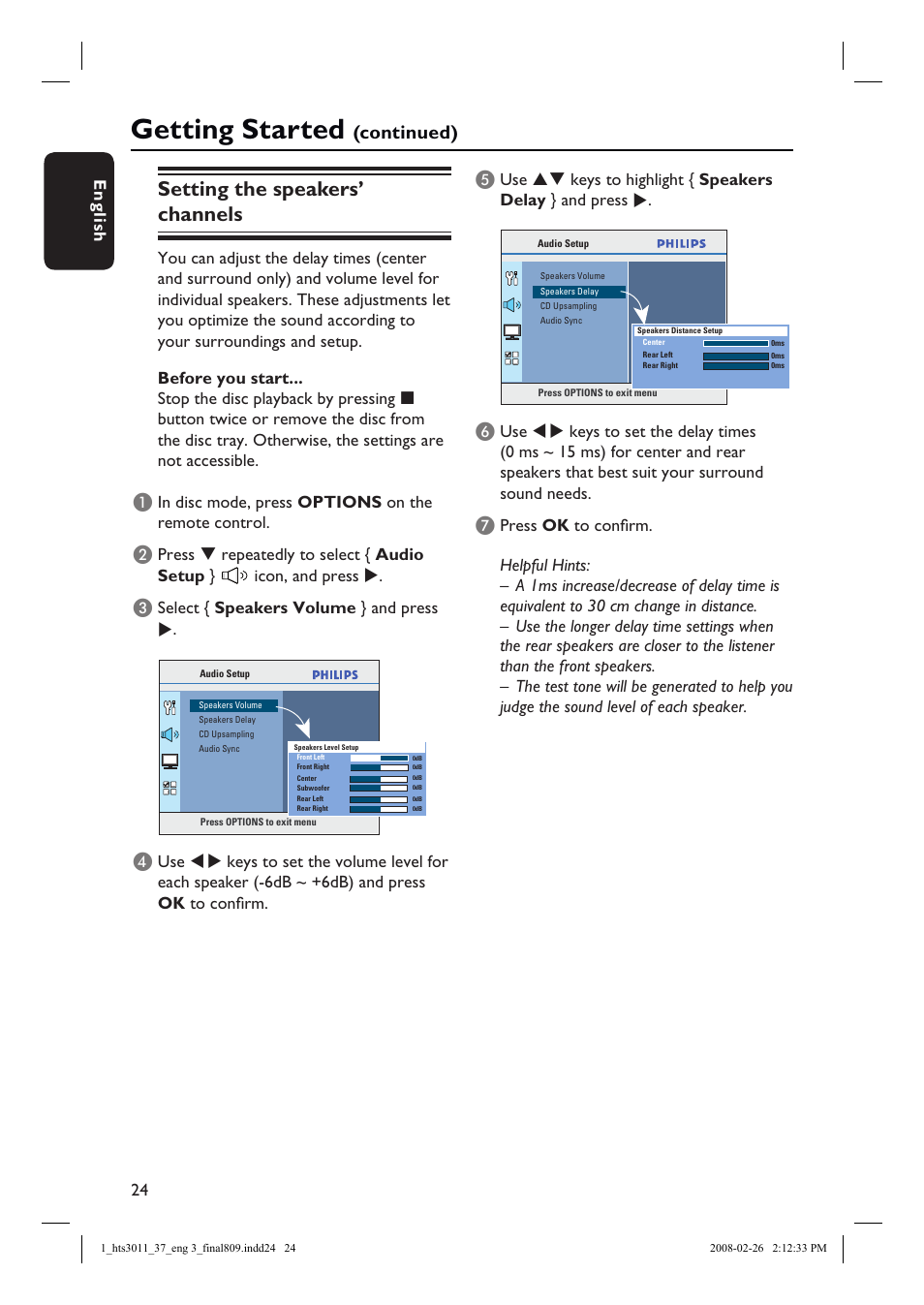 Getting started, Setting the speakers’ channels, Continued) e | 24 english, Select { speakers volume } and press, Use keys to highlight { speakers delay } and press | Philips HTS3011-37 User Manual | Page 24 / 51