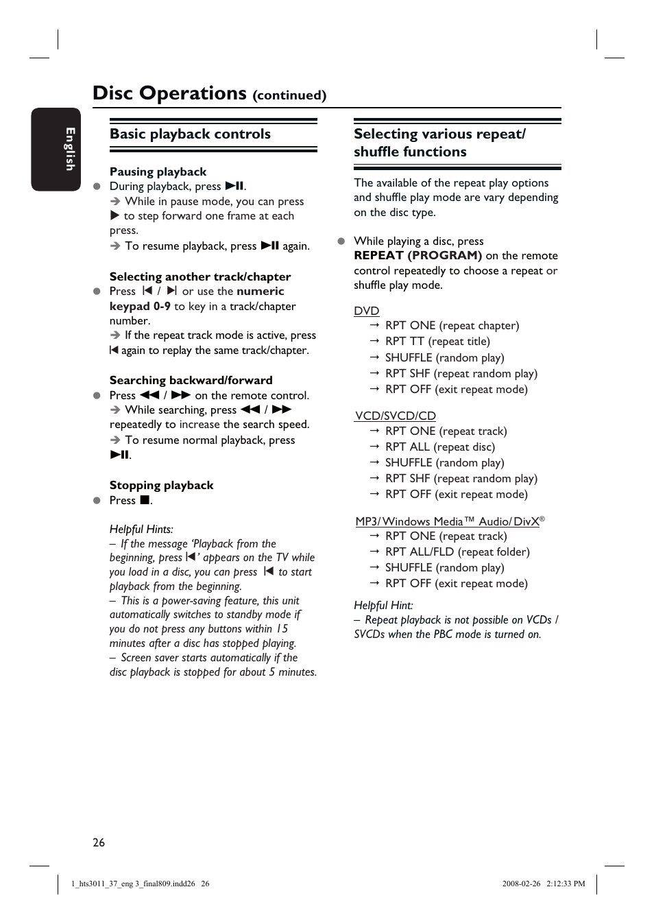 Disc operations, Basic playback controls, Selecting various repeat/ shuffl e functions | Philips HTS3011-37 User Manual | Page 26 / 51