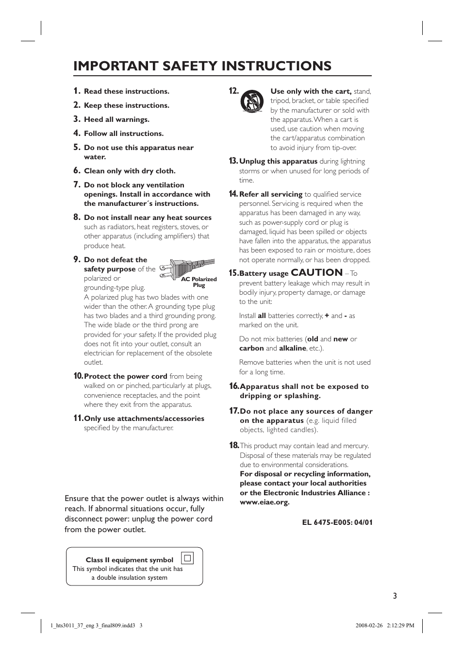 Important safety instructions, Caution | Philips HTS3011-37 User Manual | Page 3 / 51