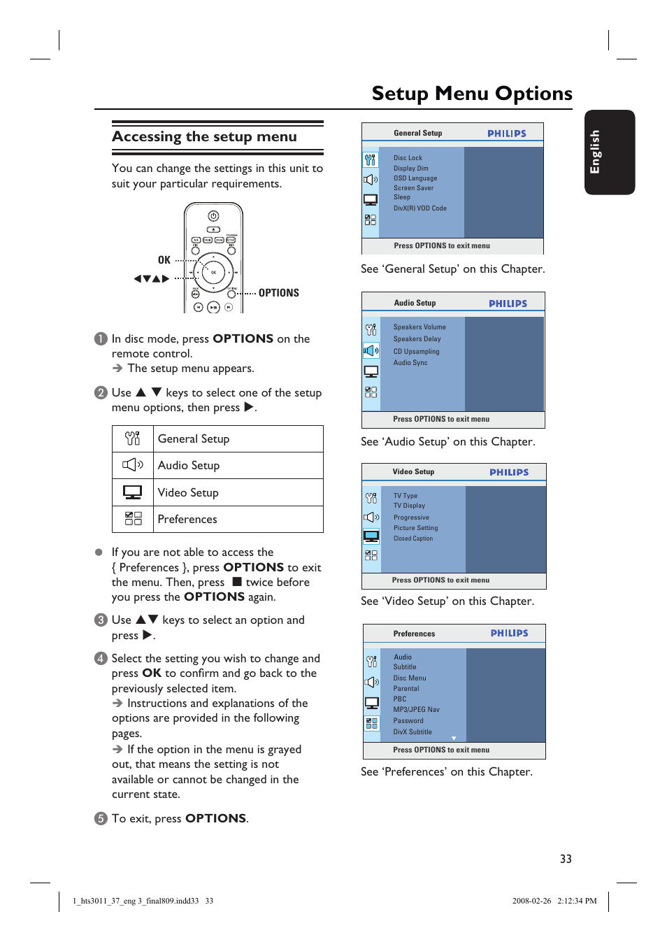 Setup menu options, Accessing the setup menu | Philips HTS3011-37 User Manual | Page 33 / 51