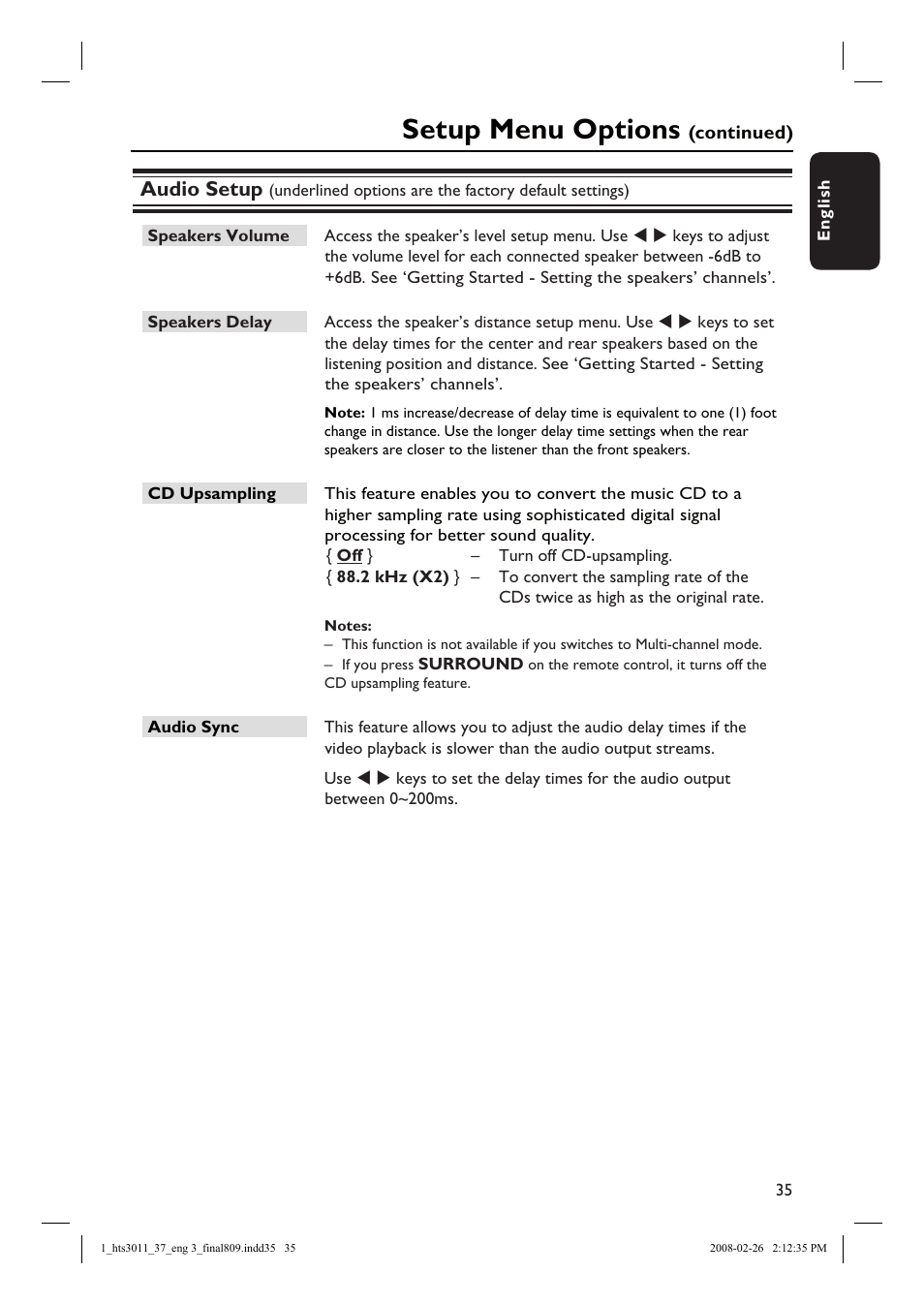 Setup menu options, Audio setup | Philips HTS3011-37 User Manual | Page 35 / 51