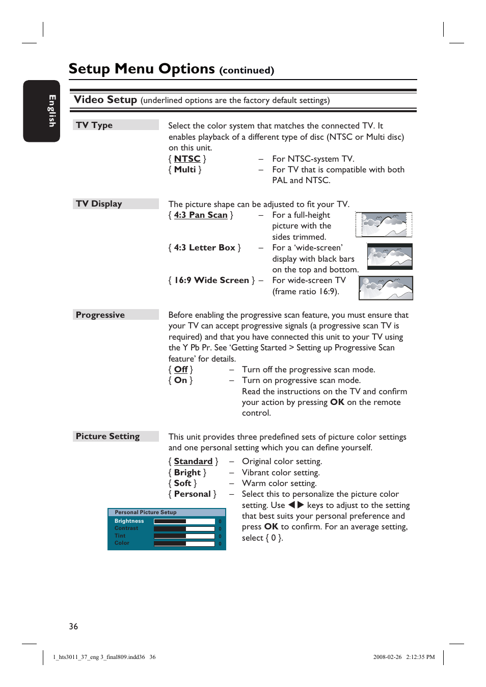 Setup menu options, Video setup | Philips HTS3011-37 User Manual | Page 36 / 51