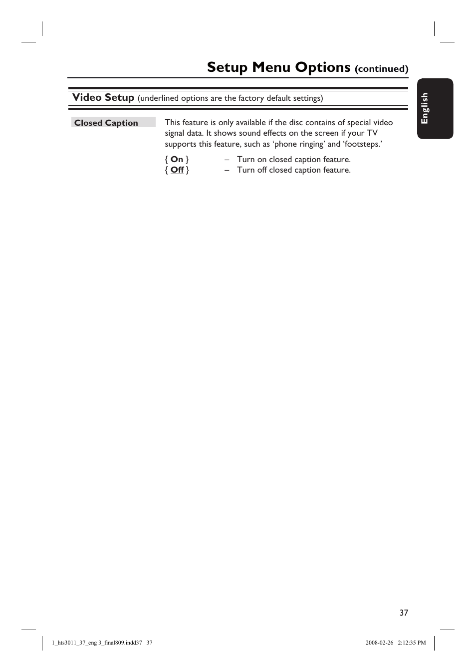 Setup menu options, Video setup | Philips HTS3011-37 User Manual | Page 37 / 51