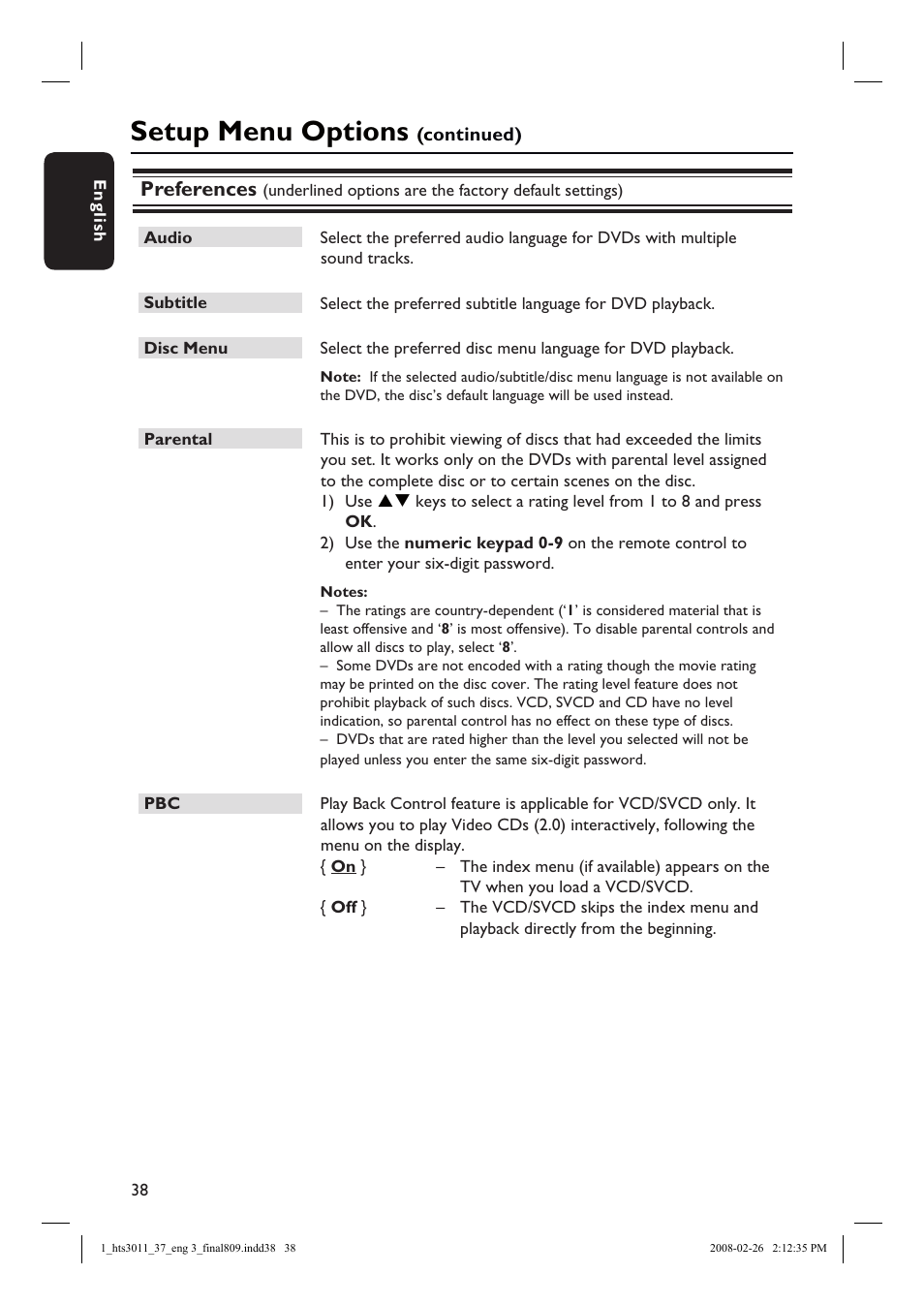 Setup menu options, Preferences | Philips HTS3011-37 User Manual | Page 38 / 51