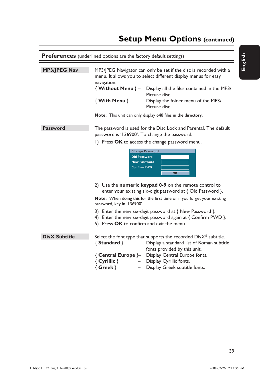 Setup menu options, Preferences | Philips HTS3011-37 User Manual | Page 39 / 51