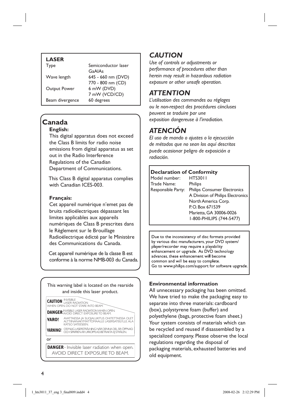 Canada, Caution, Attention | Atención | Philips HTS3011-37 User Manual | Page 4 / 51