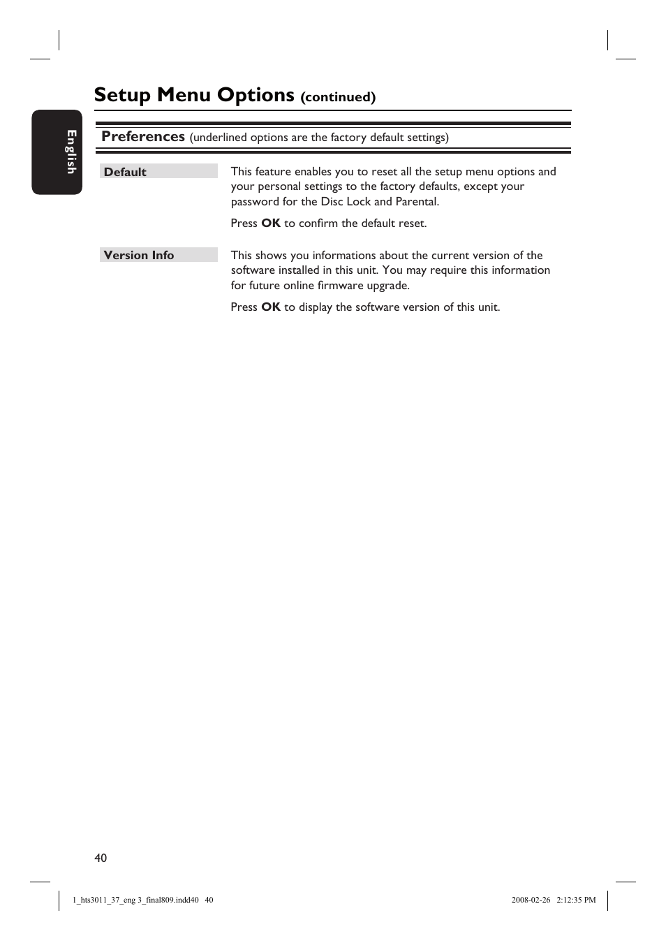 Setup menu options, Preferences | Philips HTS3011-37 User Manual | Page 40 / 51