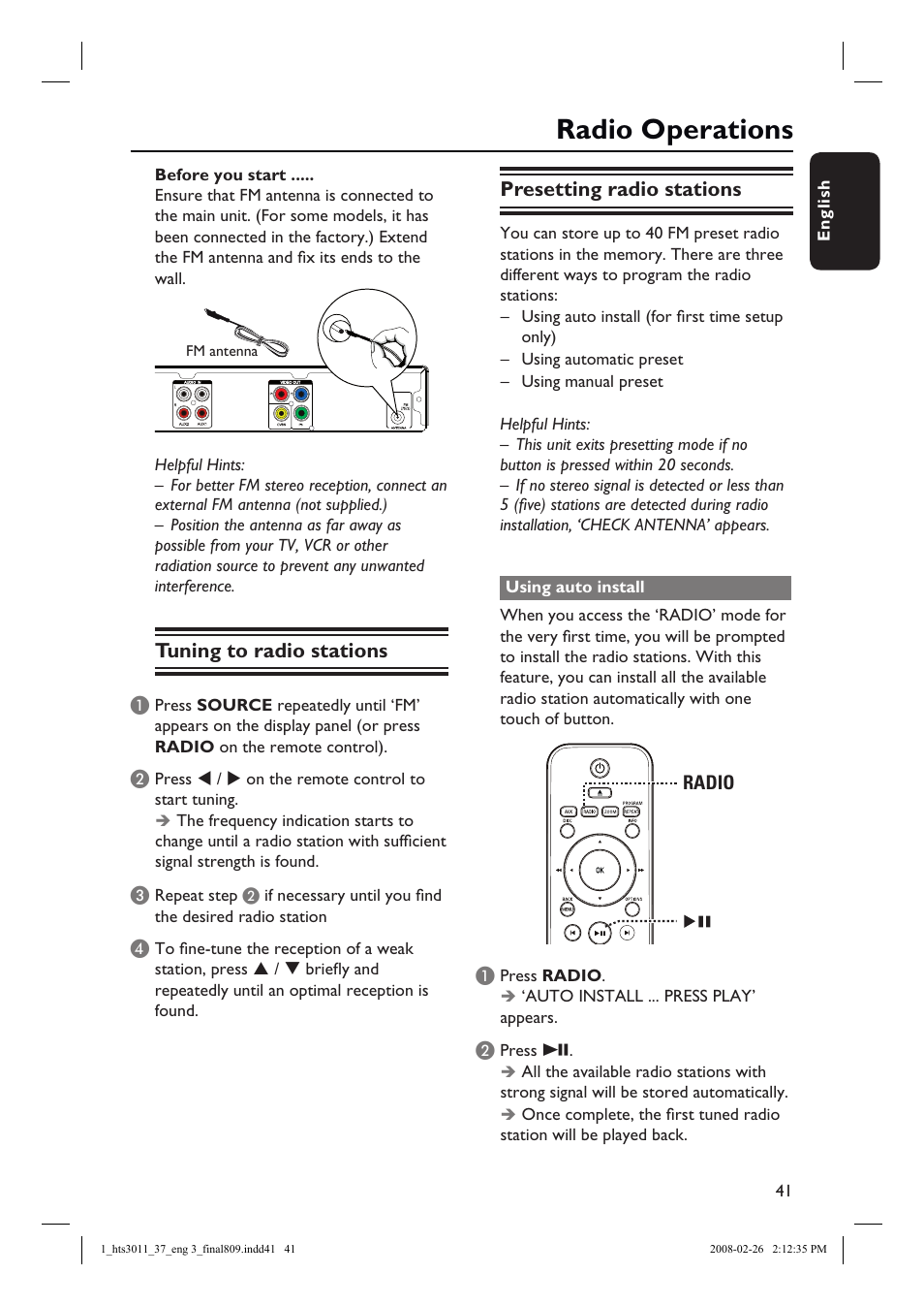 Radio operations, Tuning to radio stations, Presetting radio stations | Philips HTS3011-37 User Manual | Page 41 / 51