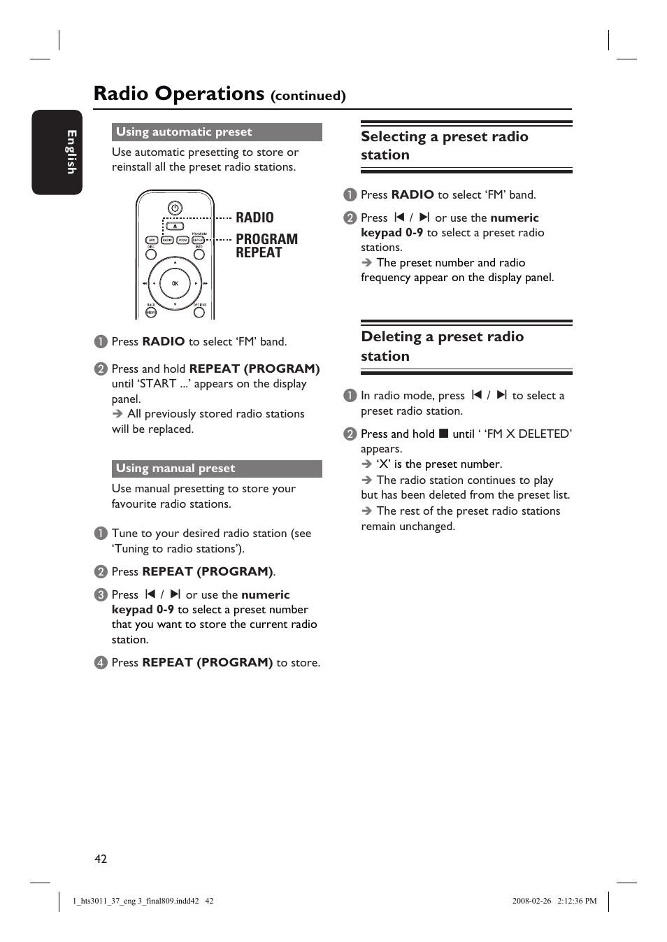 Radio operations, Selecting a preset radio station, Deleting a preset radio station | Philips HTS3011-37 User Manual | Page 42 / 51