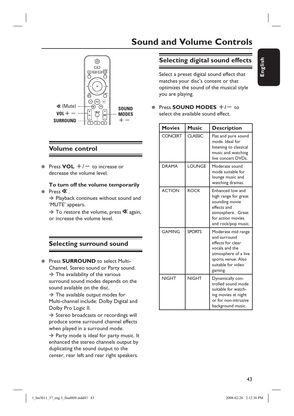 Sound and volume controls, Volume control, Selecting surround sound | Selecting digital sound effects | Philips HTS3011-37 User Manual | Page 43 / 51