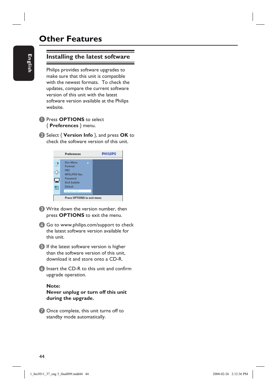 Other features, Installing the latest software | Philips HTS3011-37 User Manual | Page 44 / 51