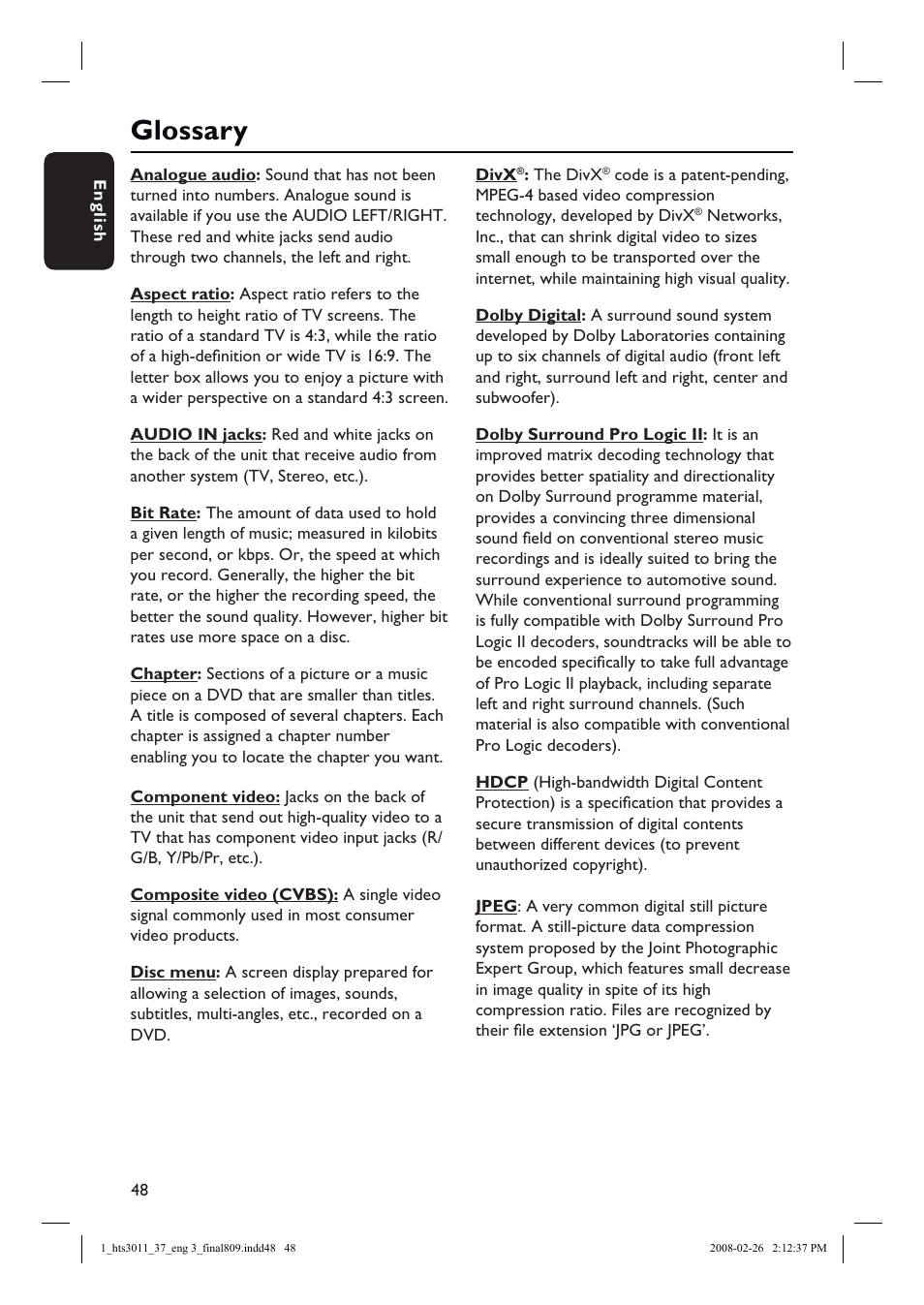 Glossary | Philips HTS3011-37 User Manual | Page 48 / 51