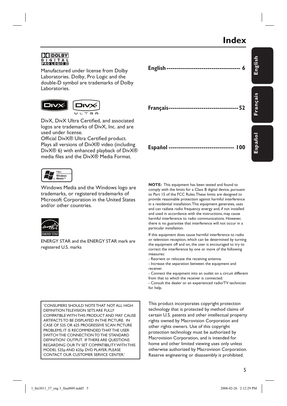 Index | Philips HTS3011-37 User Manual | Page 5 / 51