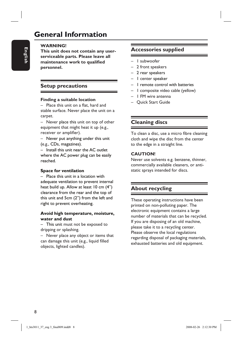 General information, Setup precautions, Accessories supplied | Cleaning discs, About recycling | Philips HTS3011-37 User Manual | Page 8 / 51