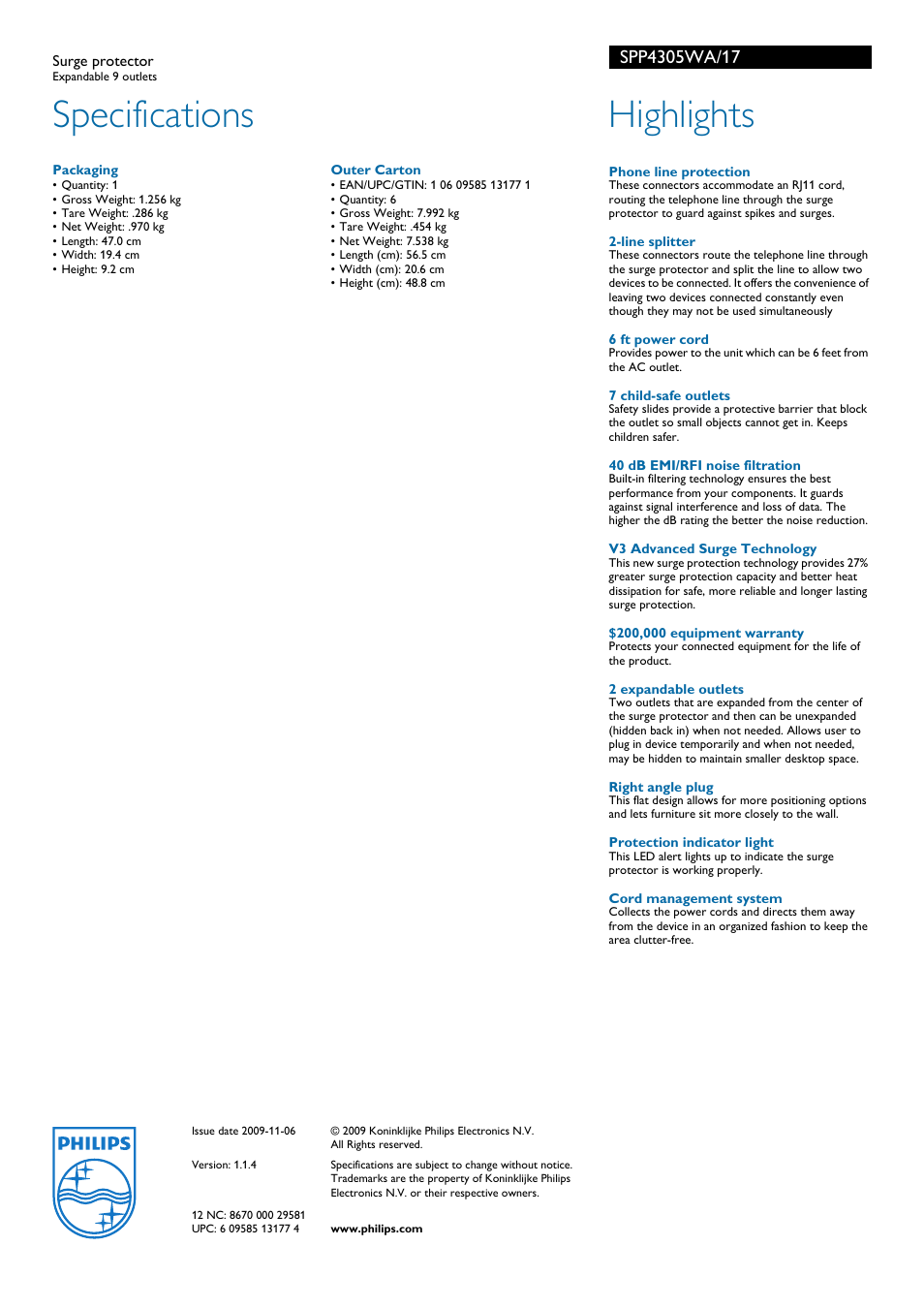 Specifications, Highlights | Philips SPP4305WA-17 User Manual | Page 2 / 2