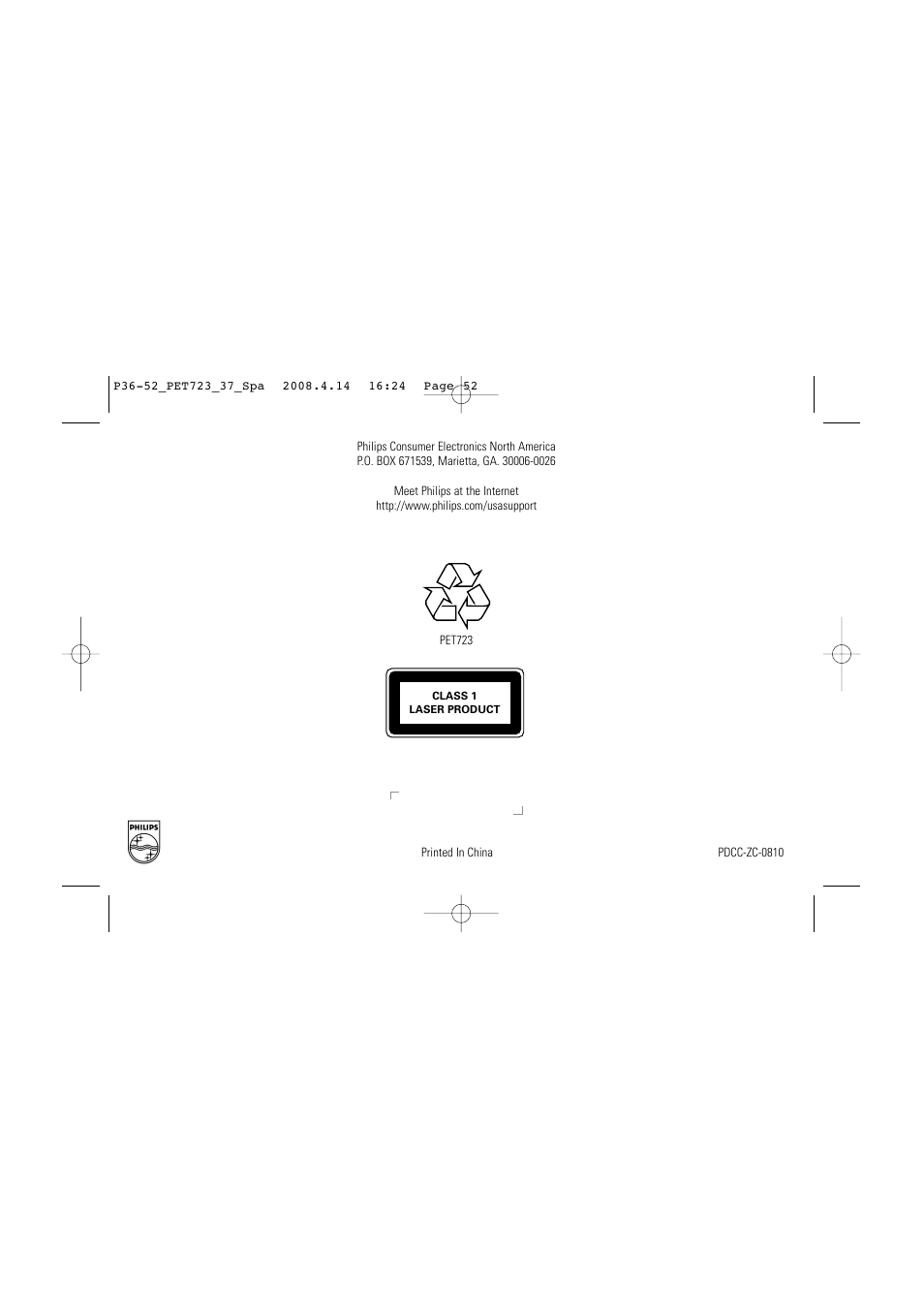 Philips PET723-37B User Manual | Page 20 / 20