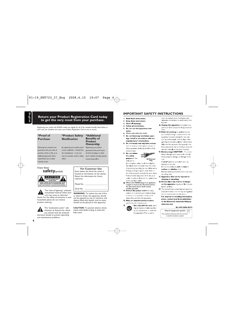 Safety, Important safety instructions | Philips PET723-37B User Manual | Page 4 / 20