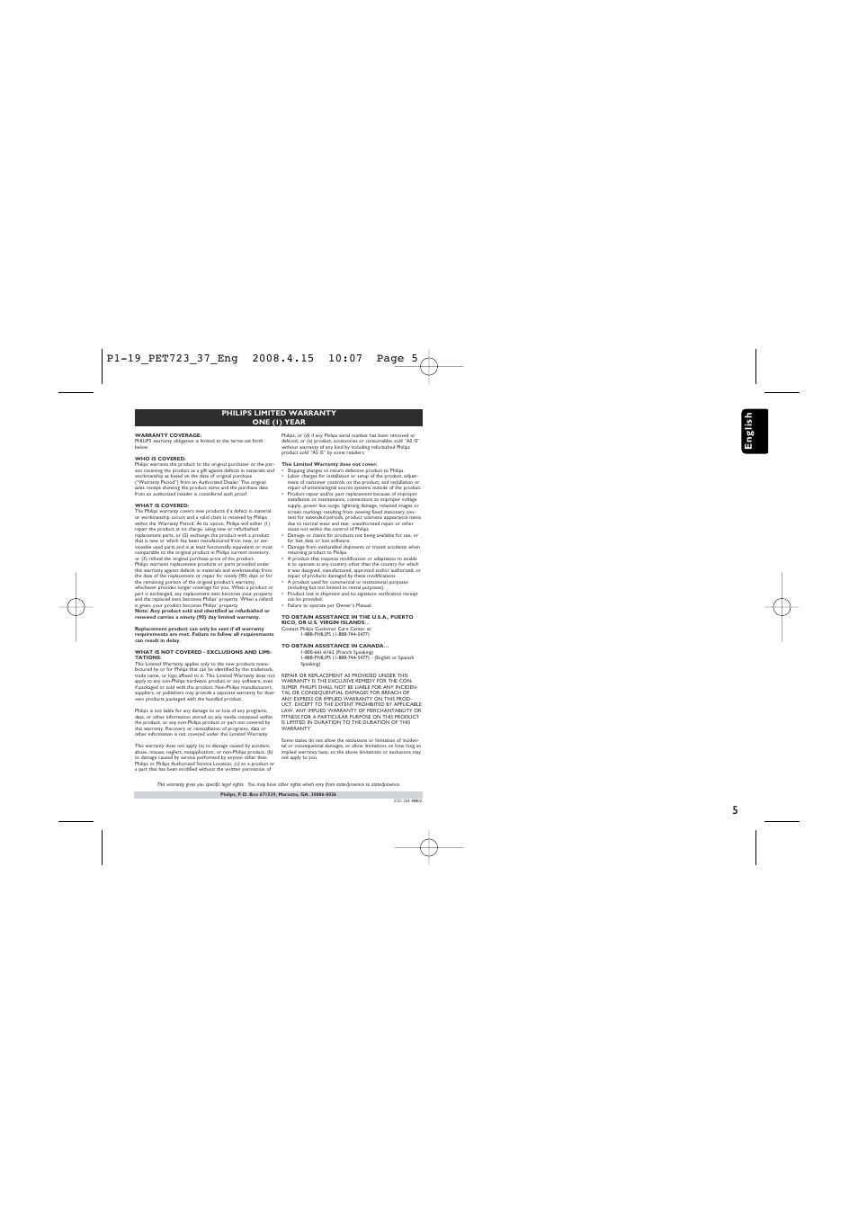 English | Philips PET723-37B User Manual | Page 5 / 20