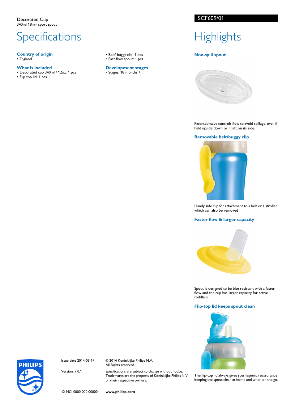 Specifications, Highlights | Philips SCF609-01 User Manual | Page 2 / 2