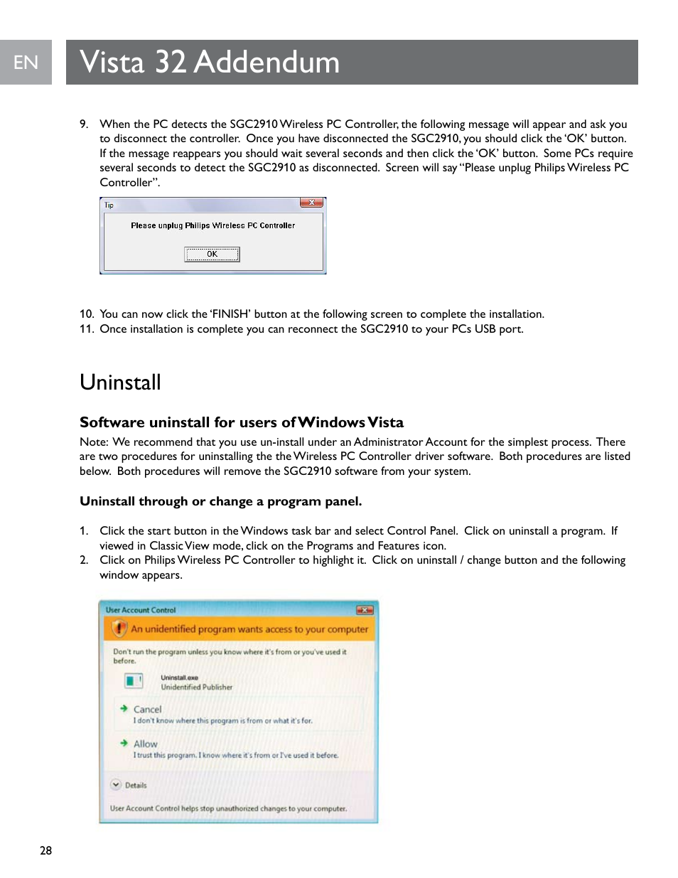 Vista 32 addendum, Uninstall | Philips SGC2910-27 User Manual | Page 28 / 40