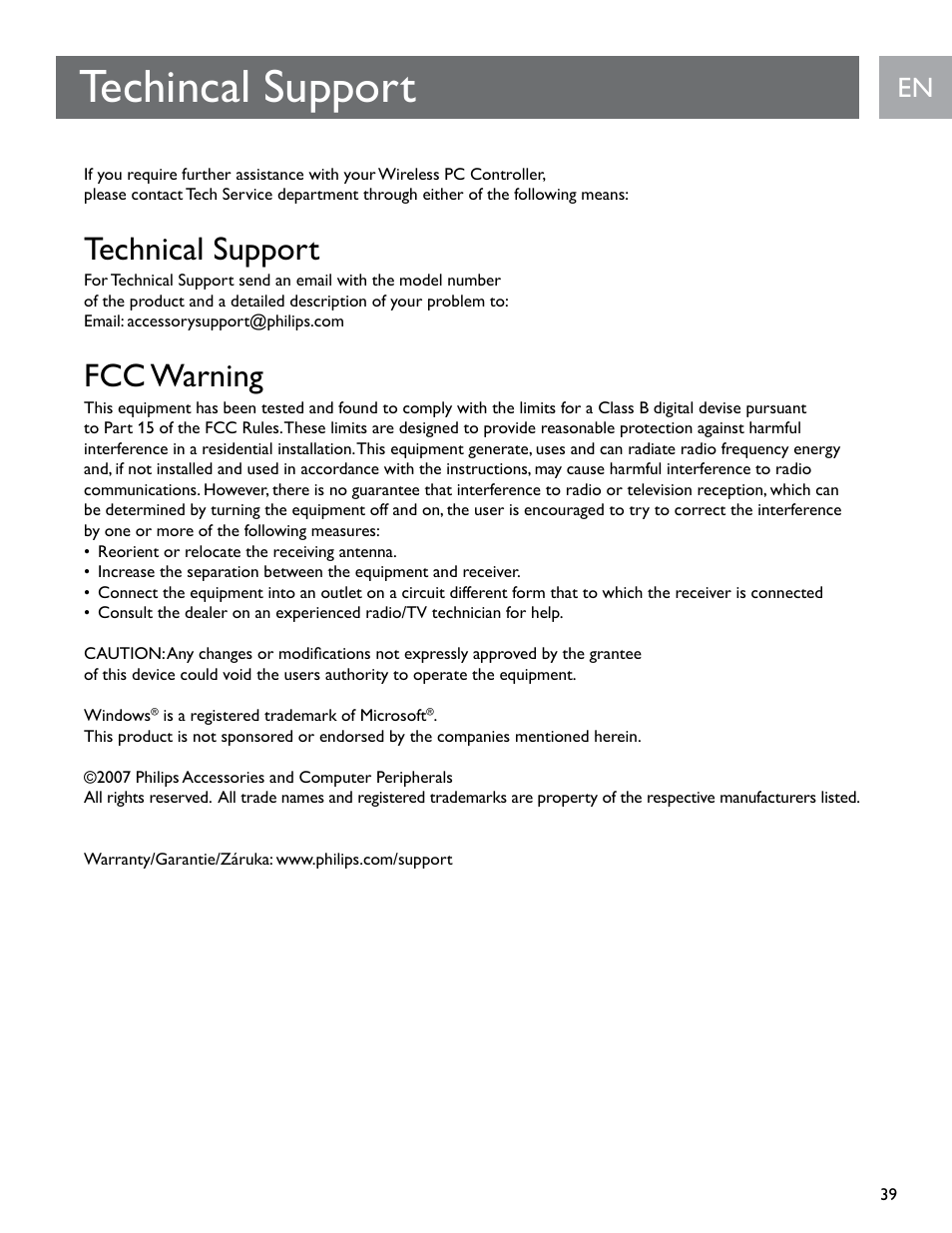 Techincal support, Technical support, Fcc warning | Philips SGC2910-27 User Manual | Page 39 / 40