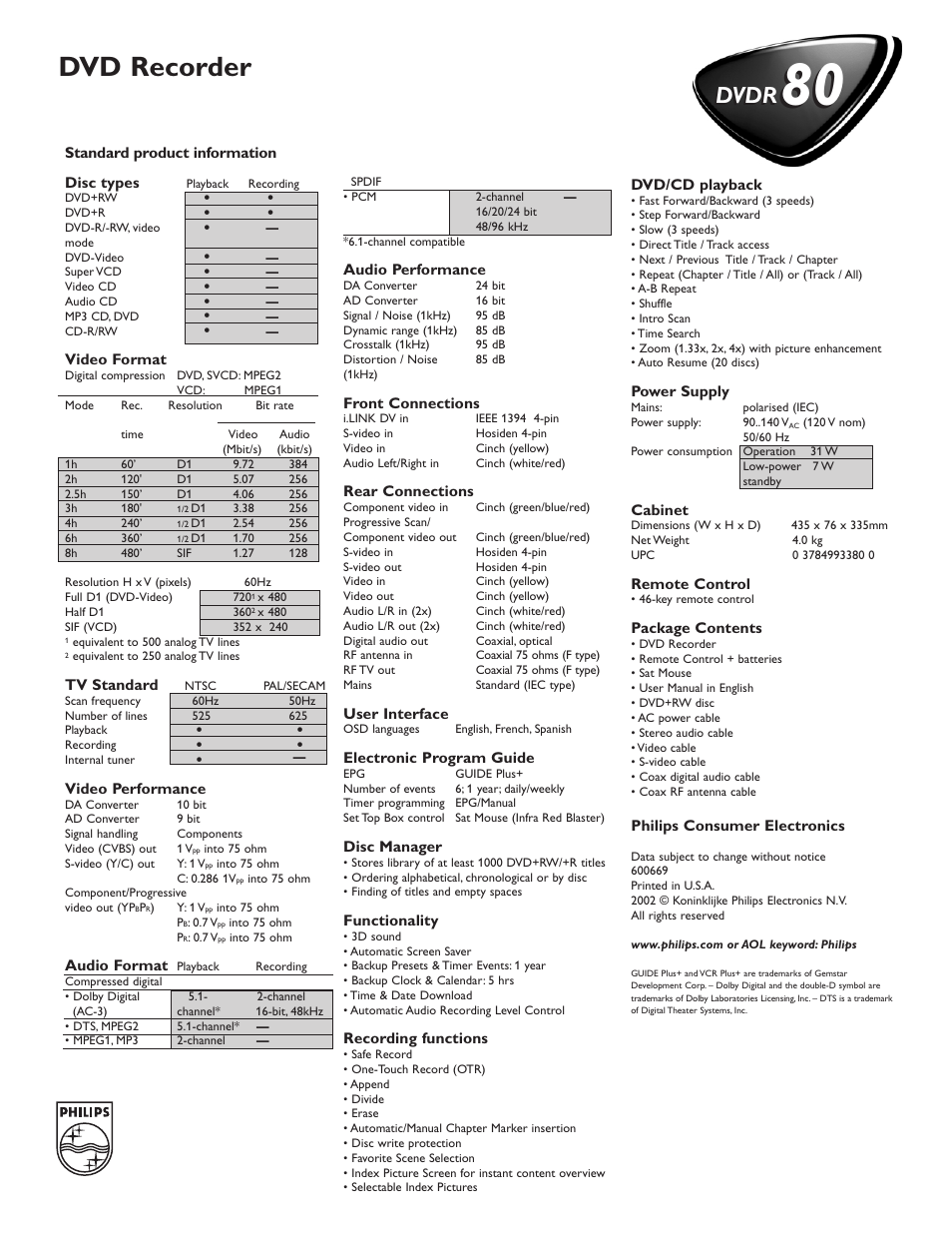 Dvd recorder, Dvdr | Philips DVDR800 User Manual | Page 2 / 2