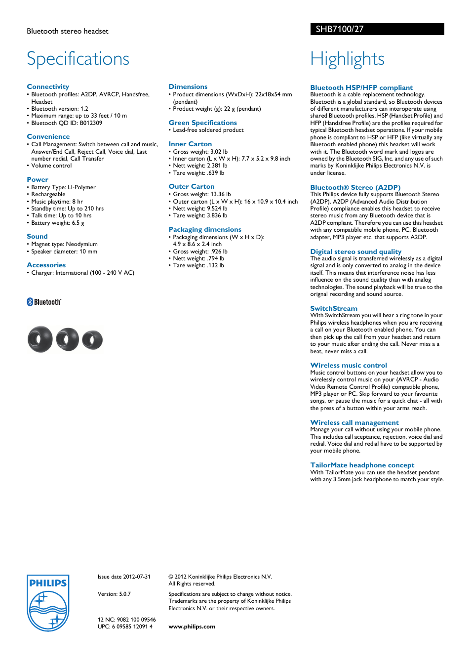 Specifications, Highlights | Philips SHB7100-27 User Manual | Page 2 / 2