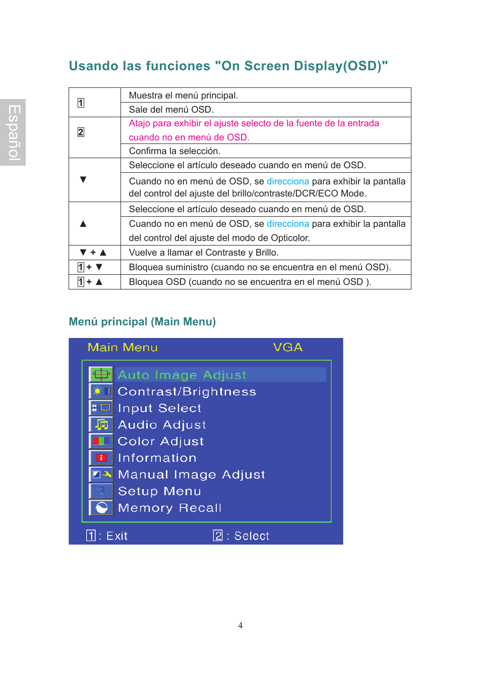 Español, Usando las funciones "on screen display(osd) | Ativa AT24OHP User Manual | Page 33 / 40