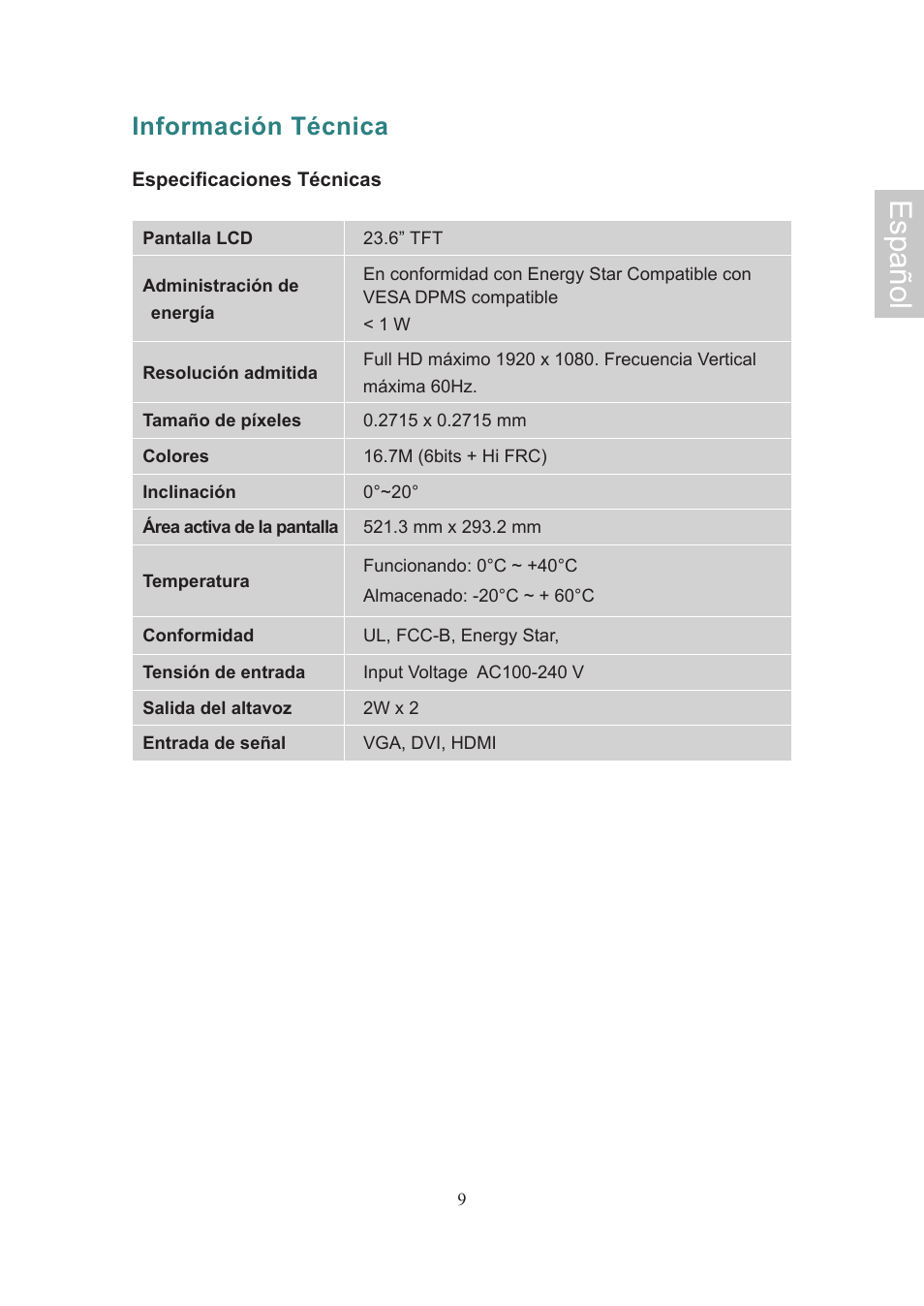 Español, Información técnica | Ativa AT24OHP User Manual | Page 38 / 40